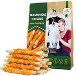 Rawhide sticks dog chew with chicken, package pouch and stacked orange-brown sticks