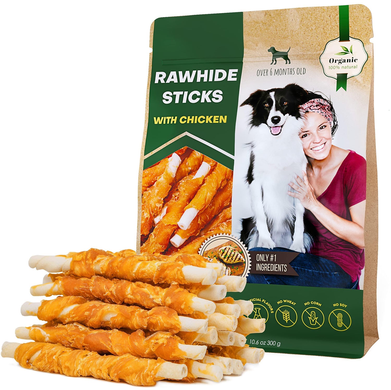 Rawhide sticks dog chew with chicken, package pouch and stacked orange-brown sticks