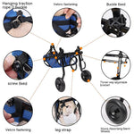 Dog wheelchair features: traction rope, velcro straps, buckles, adjustable bracket, leg straps.