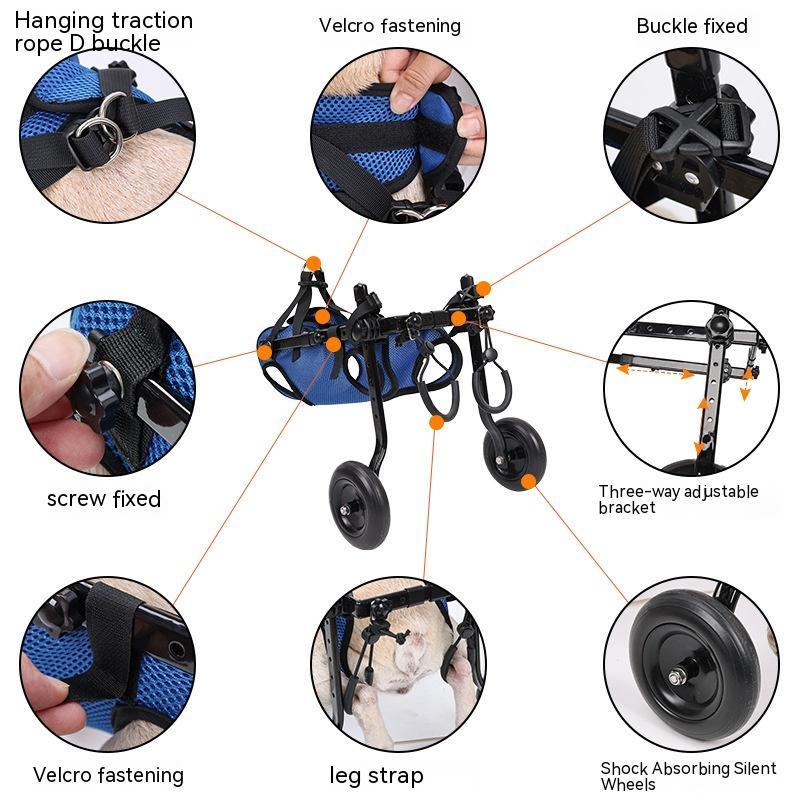 Dog wheelchair features: traction rope, velcro straps, buckles, adjustable bracket, leg straps.