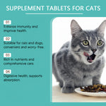 Supplement tablets for cats panel with gray cat face and small bowl of tablets