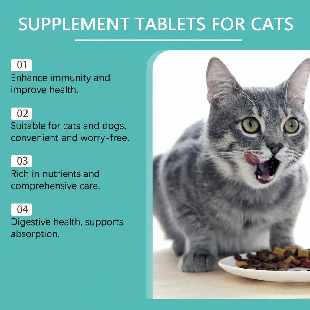 Supplement tablets for cats panel with gray cat face and small bowl of tablets