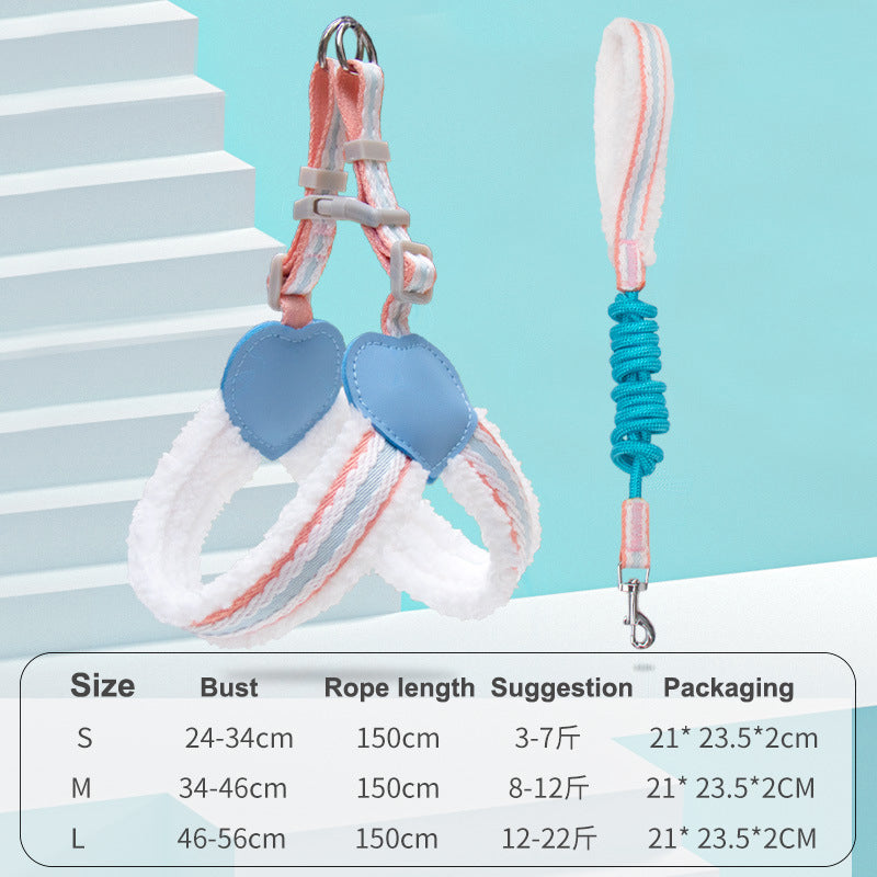 Breathable dog chest harness and leash set, blue and pink heart pads