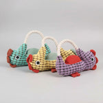 Seahorse plush dog toy set in turquoise, yellow, and purple velvet texture