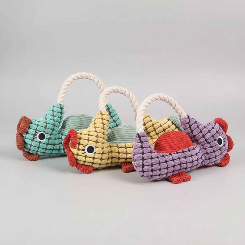 Seahorse plush dog toy set in turquoise, yellow, and purple velvet texture