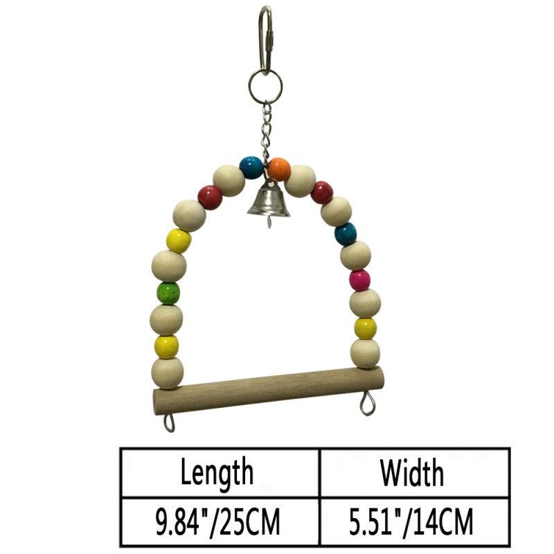 Parrot nibble toy: arched wooden perch with multicolor beads and small bell