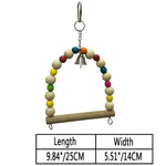 Parrot nibble toy: arched wooden perch with multicolor beads and small bell