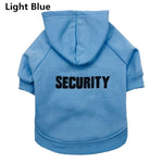 Light blue fleece security pet sweater with hood and 'SECURITY' chest print