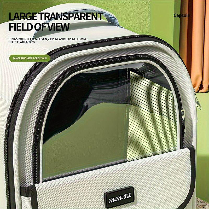 Cat carrier backpack front with curved clear window and mesh panel, white frame and black trim