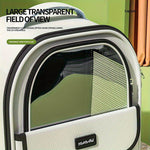 Cat carrier backpack front with curved clear window and mesh panel, white frame and black trim