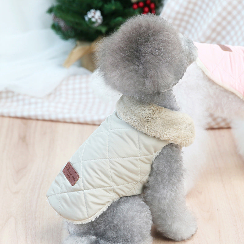 Quilted dog coat with beige outer shell, gray plush lining, and side button