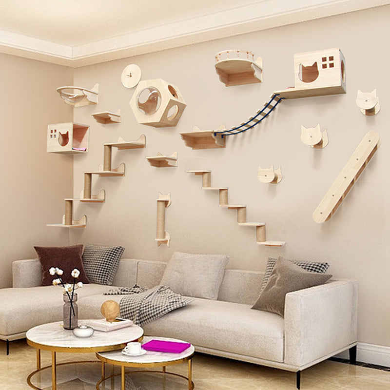 Wall-mounted wooden cat climbing frame with multiple platforms and steps on wall