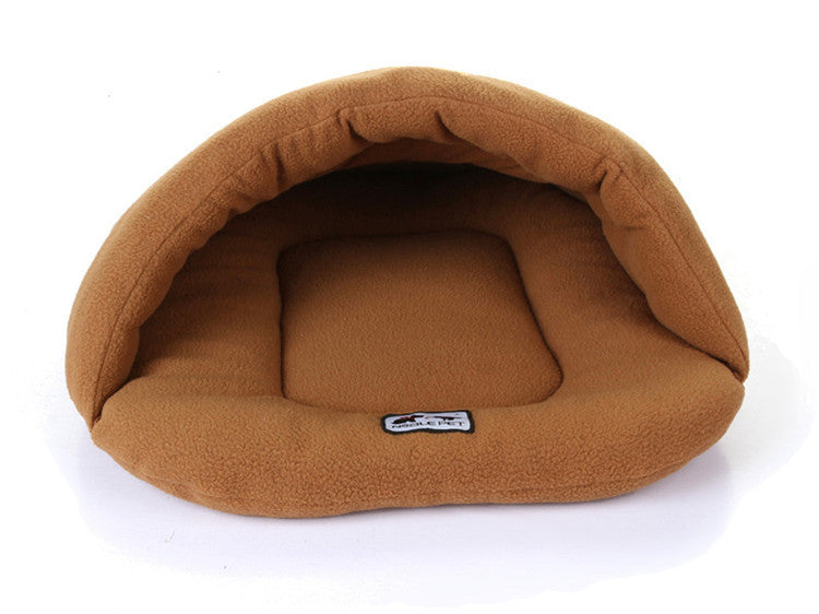 Camel brown pet cave sleeping bag with cozy inner cushion and logo patch