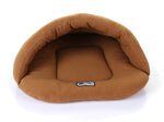 Camel brown pet cave sleeping bag with cozy inner cushion and logo patch