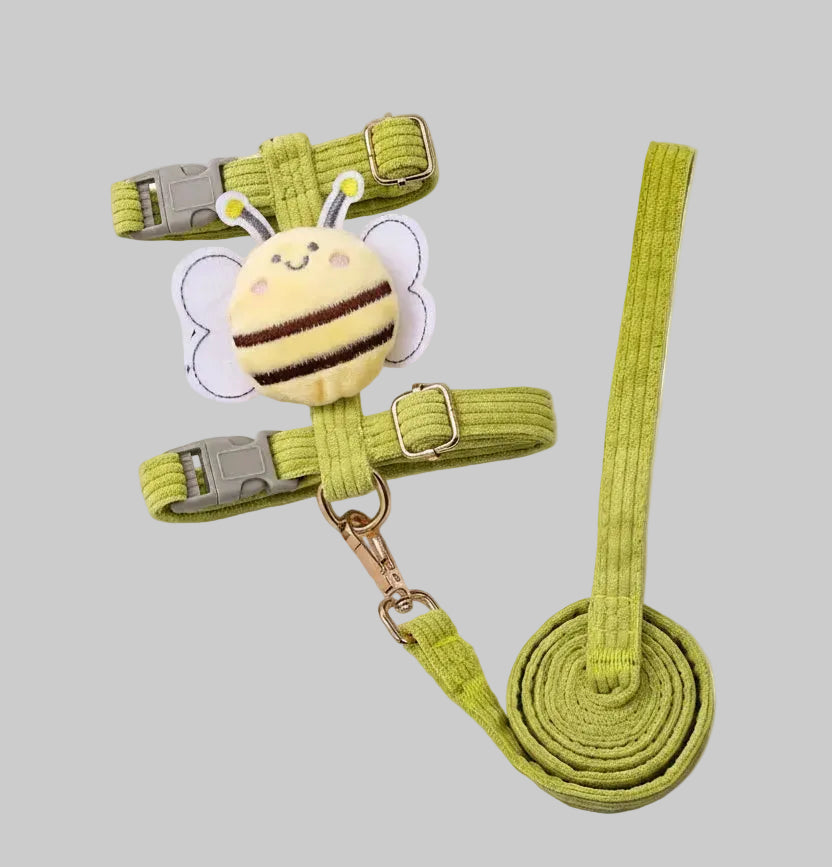 Fluorescent green plush traction rope dog harness with animal patch and braided leash strap