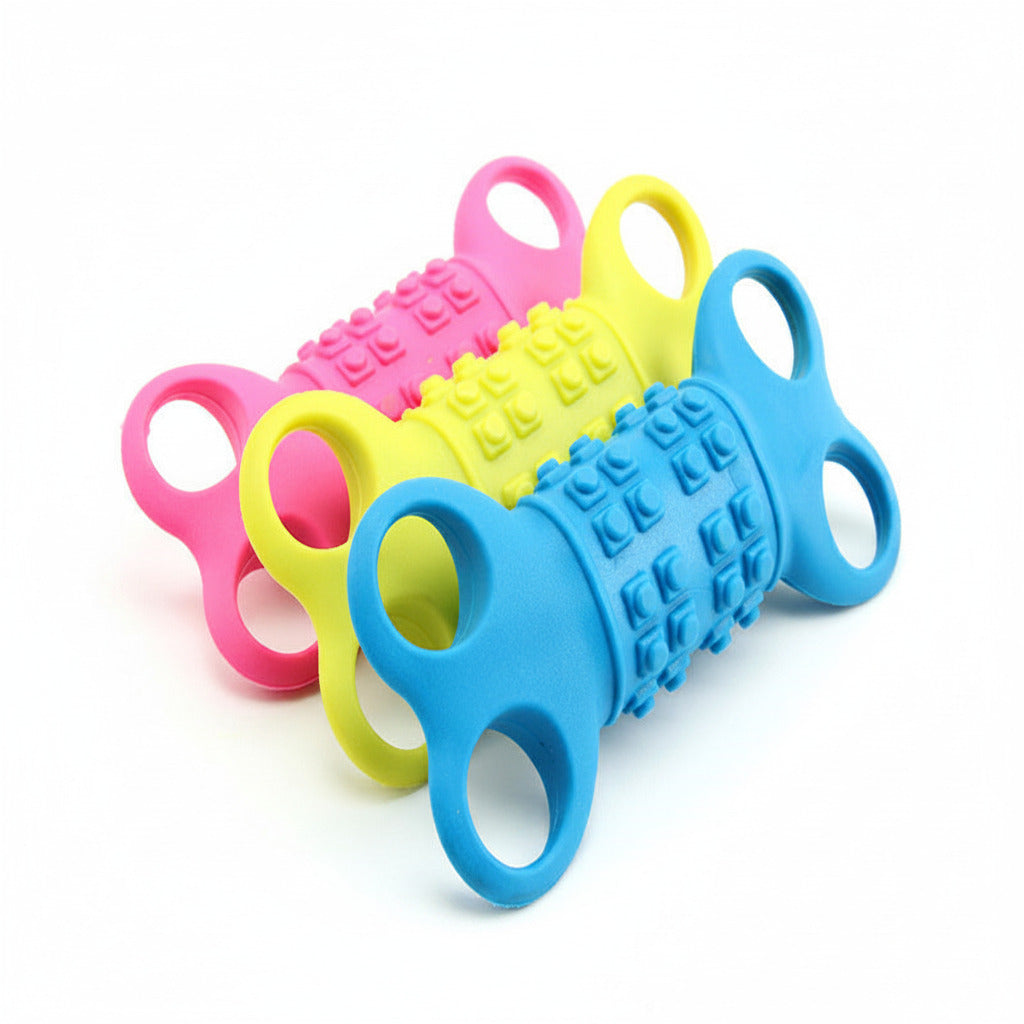 Silicone four-hole bone chew toy: pink/yellow/blue with raised grip texture