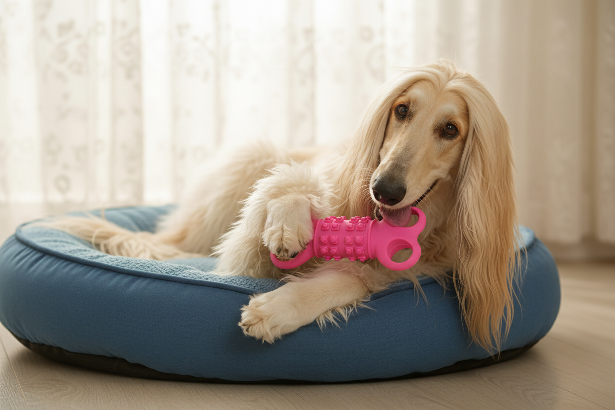 Pink silicone four-hole bone chew toy as a dog chews during play