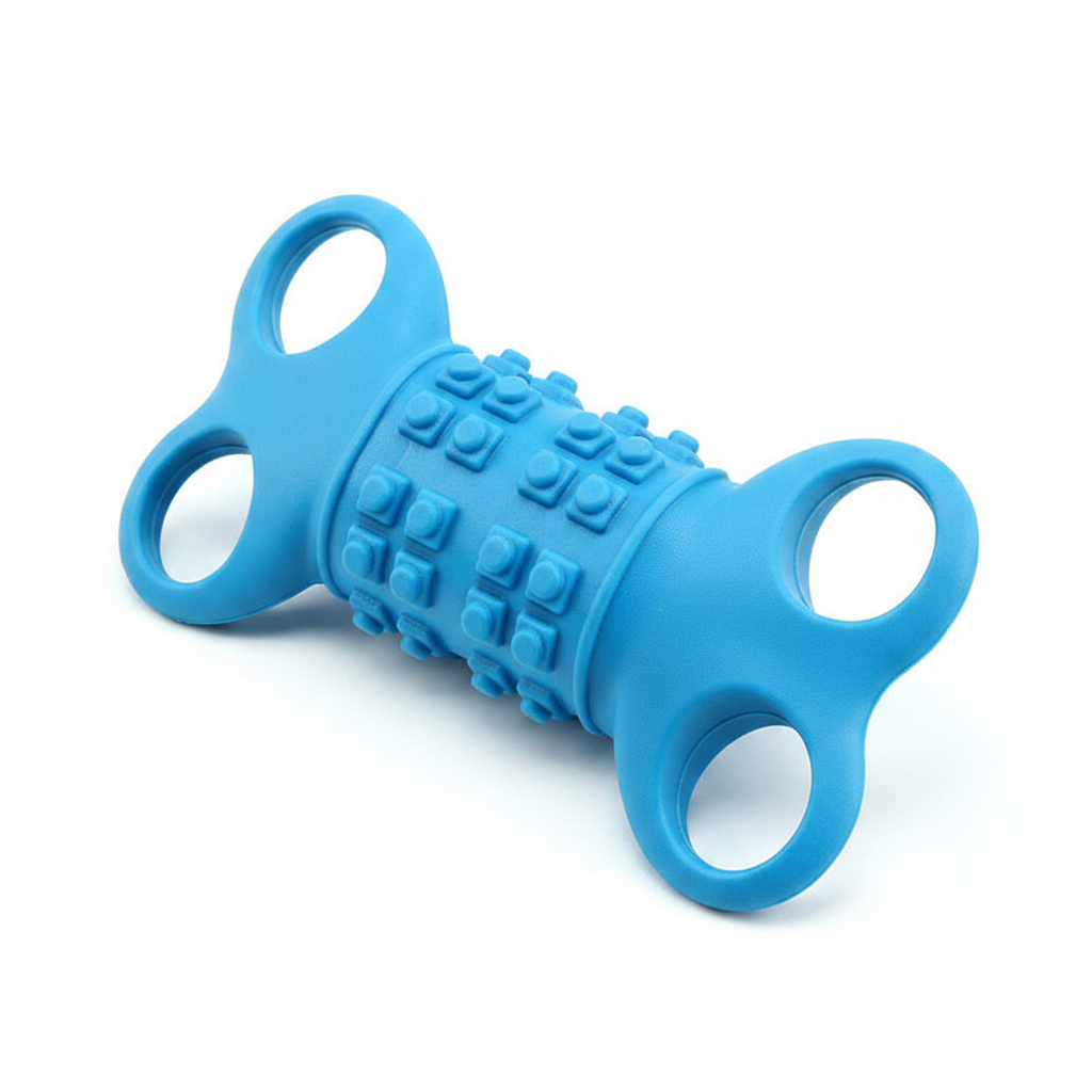 Blue silicone four-hole bone chew toy with raised grip texture