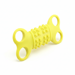 Silicone four-hole bone chew toy in yellow, with textured grip bumps