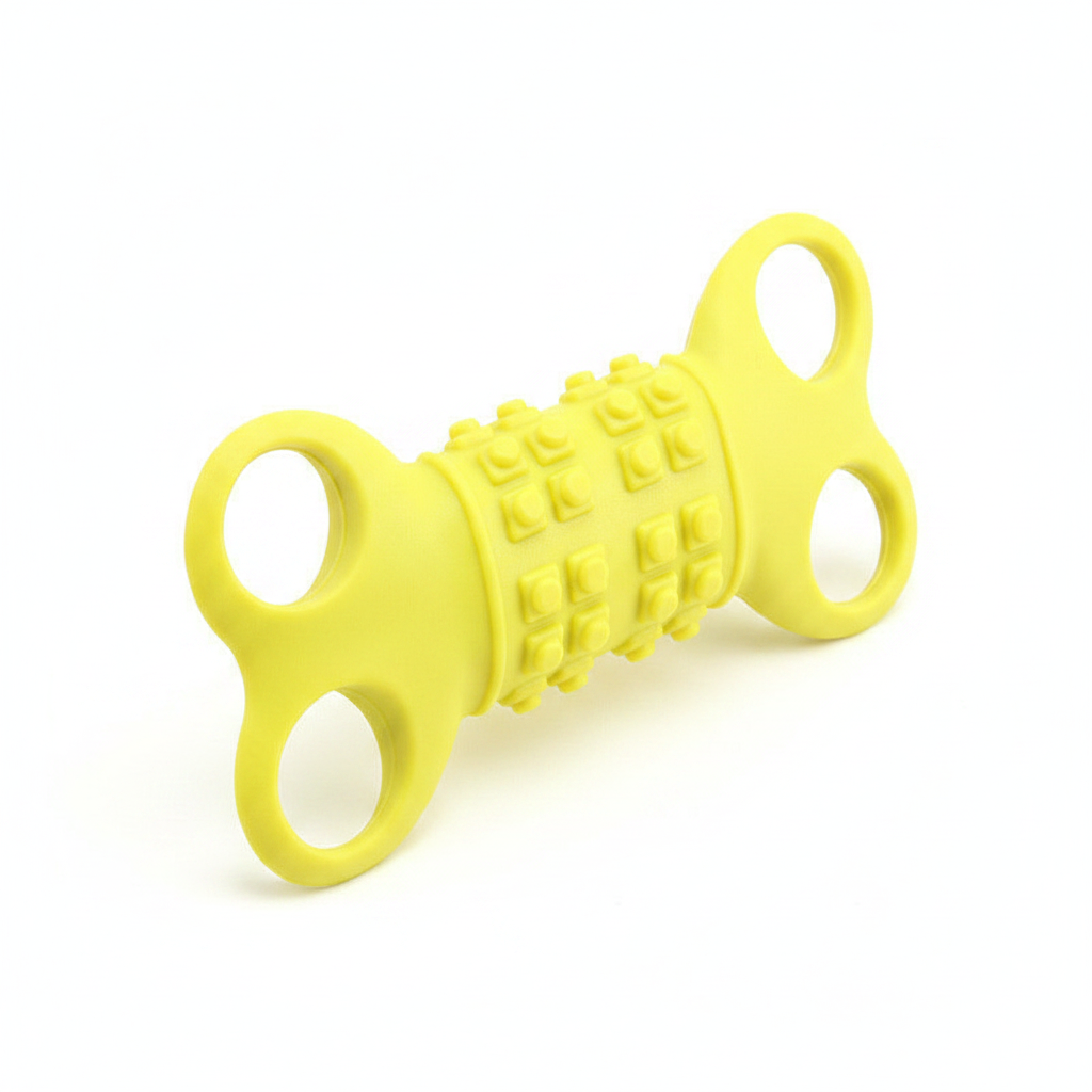 Silicone four-hole bone chew toy in yellow, with textured grip bumps