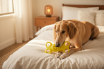Yellow silicone four-hole bone chew toy held by a dog on a bed