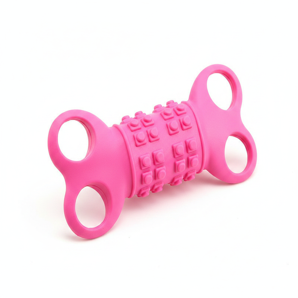 Pink silicone four-hole bone chew toy with raised grip bumps