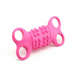 Pink silicone four-hole bone chew toy with raised grip bumps