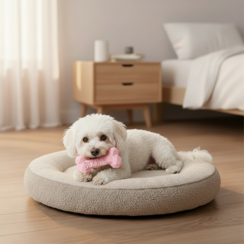 Kleiner Hund mit rosafarbenem Diamond Bone Slow-Feeding-Kauholz auf dem Liegekissen