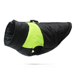 Dog warm cotton vest in neon green and black, padded design with front leg opening