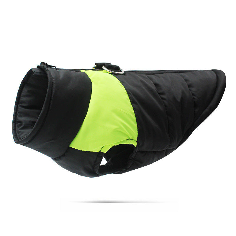 Dog warm cotton vest in neon green and black, padded design with front leg opening