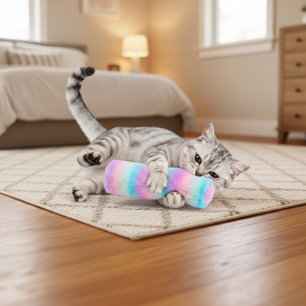 Rainbow striped plush cat pillow toy under a lounging gray tabby cat