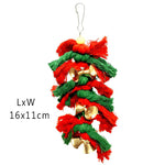 Parrot nibble toy: red and green braided rope bundle with gold bells and tassels