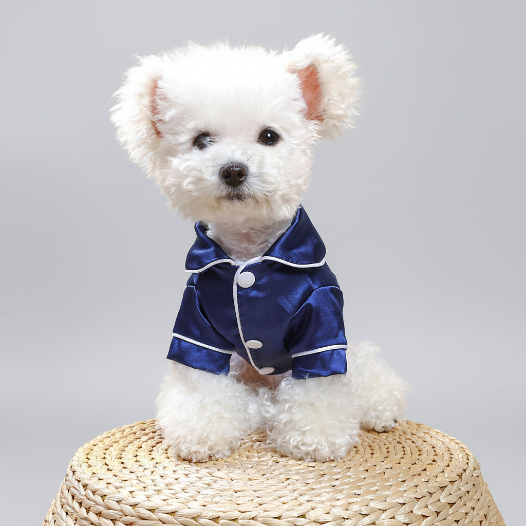 Dark blue satin pet pajama shirt with white piping and button front