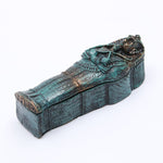 Mummy coffin fish tank ornament, teal coffin with carved patterns and raised mummy figure