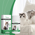 Cat multivitamin bottle and box beside resting cat on sofa