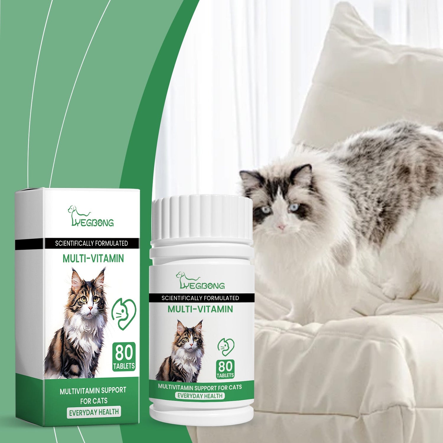 Cat multivitamin bottle and box beside resting cat on sofa