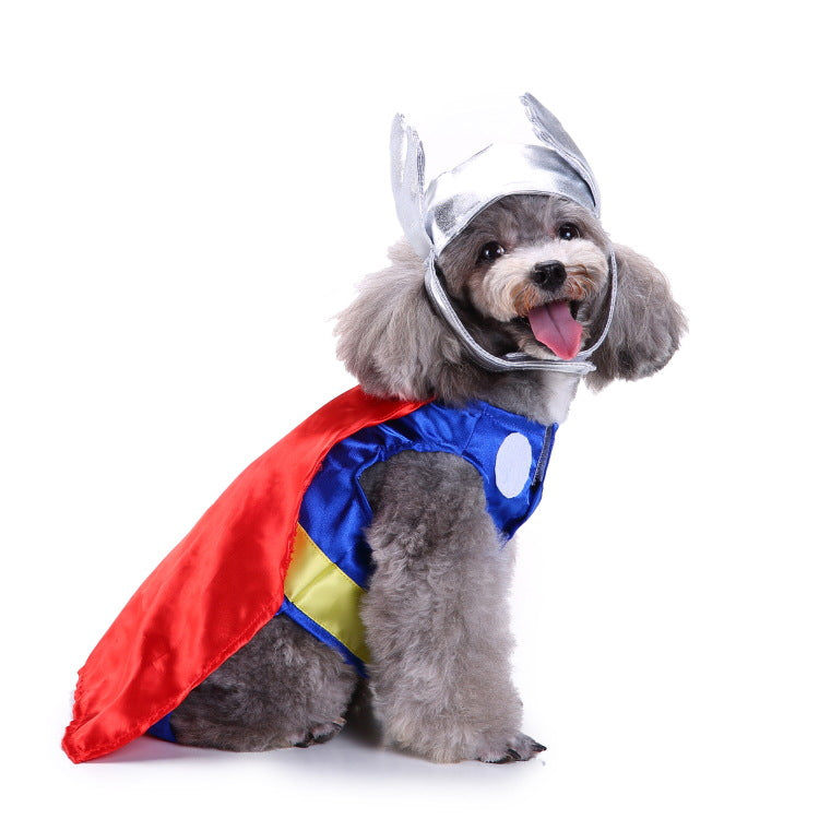 Robot or superhero dog costume with silver headpiece and blue-red cape sleeves