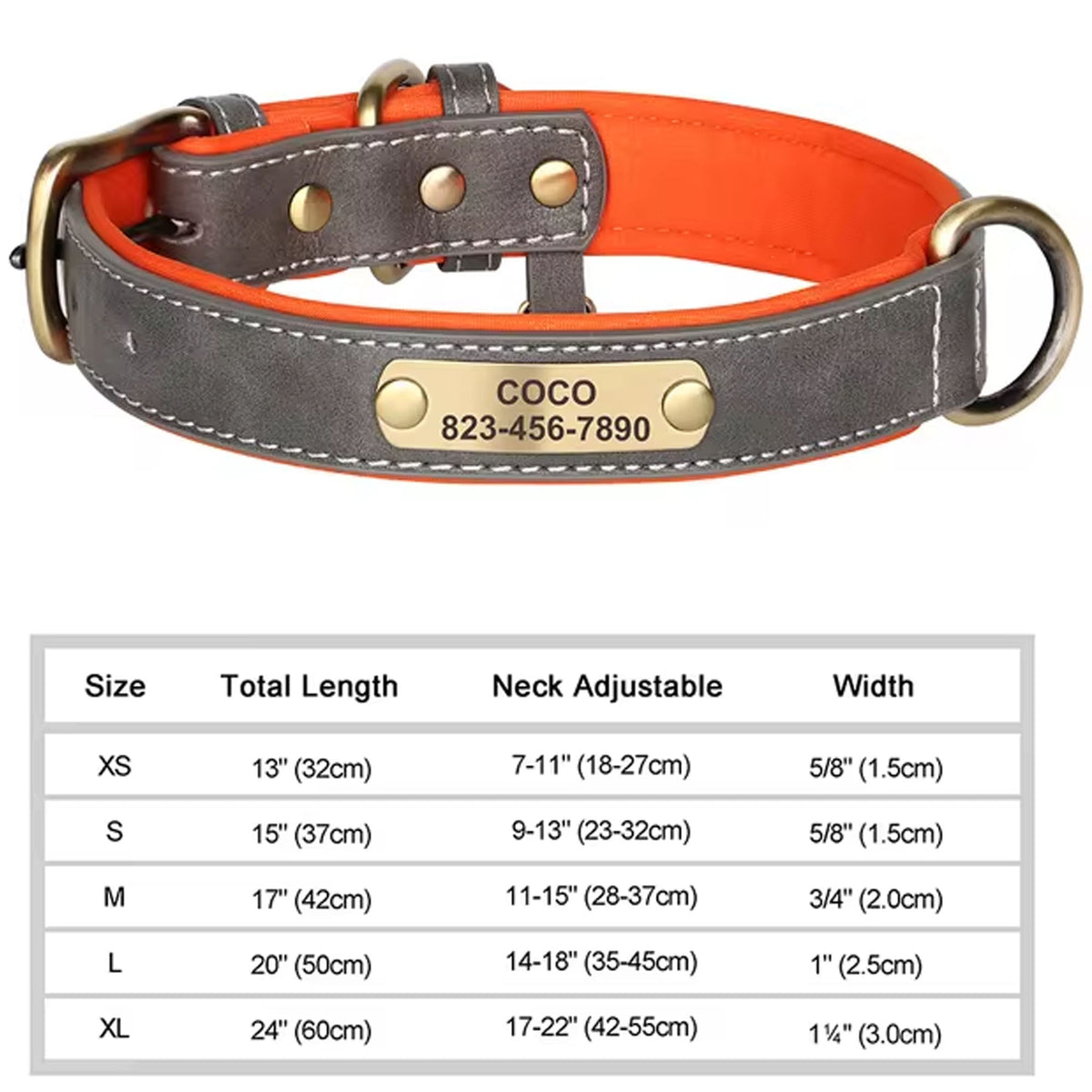 Gray PU leather dog collar with engraved ID tag reading COCO