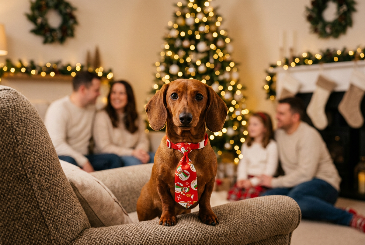 Pet Christmas necktie with red fabric and holiday print, tied at the collar.