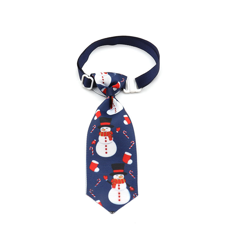 Blue Christmas pet tie with snowman and Santa patterns, clip-on strap