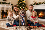Blue holiday pet necktie with red and white festive pattern, worn on a dog