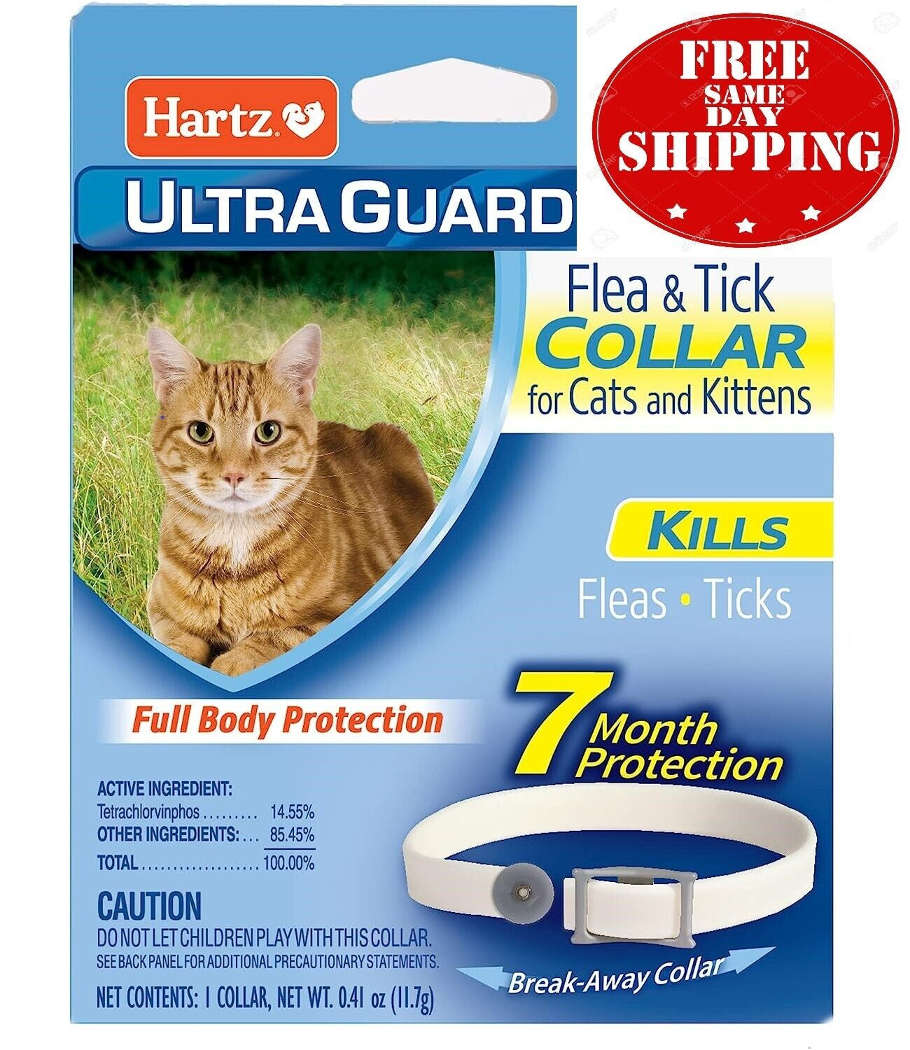 Flea and tick collar for cats and kittens, blue package with cat photo