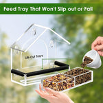 Transparent acrylic bird feeder with black tray, open front, and suction-cup attachment