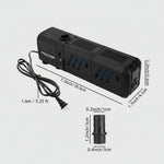 Black internal filter pump with blue media slots; 7.3 in length, compact design