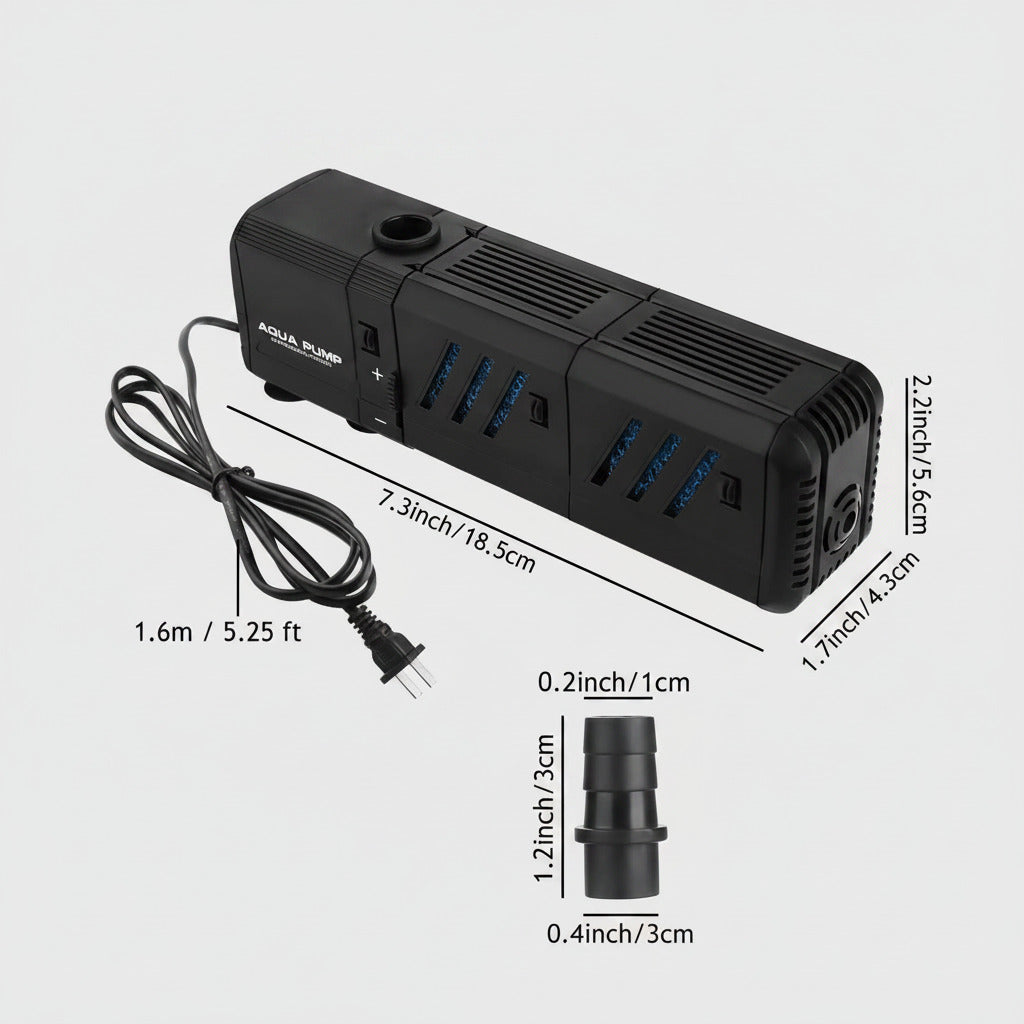 Black internal filter pump with blue media slots; 7.3 in length, compact design