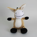 Tan and white rope-knit rabbit plush pet toy with black smile and long ears