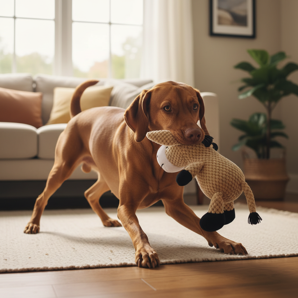 Beige rope-knit animal plush doll toy held by a dog, with black feet accents