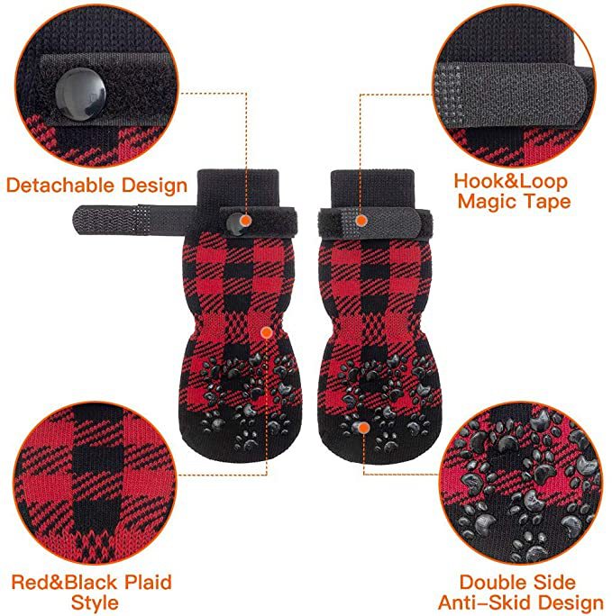 Dog socks with detachable strap and hook-and-loop closure, red and black plaid