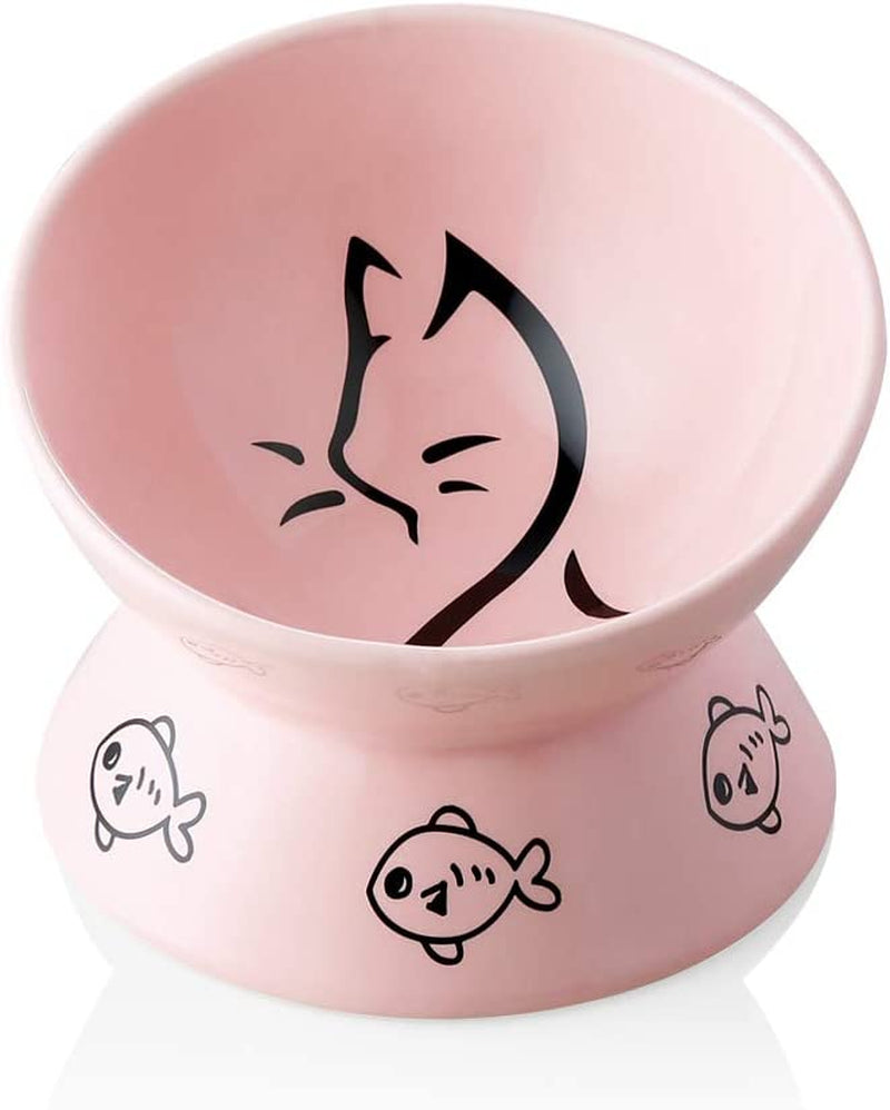 Pink raised cat food bowl with cat face and fish icons, wide shallow top