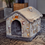 Beige and gray animal-print pet house bed with front entrance and cushioned roof